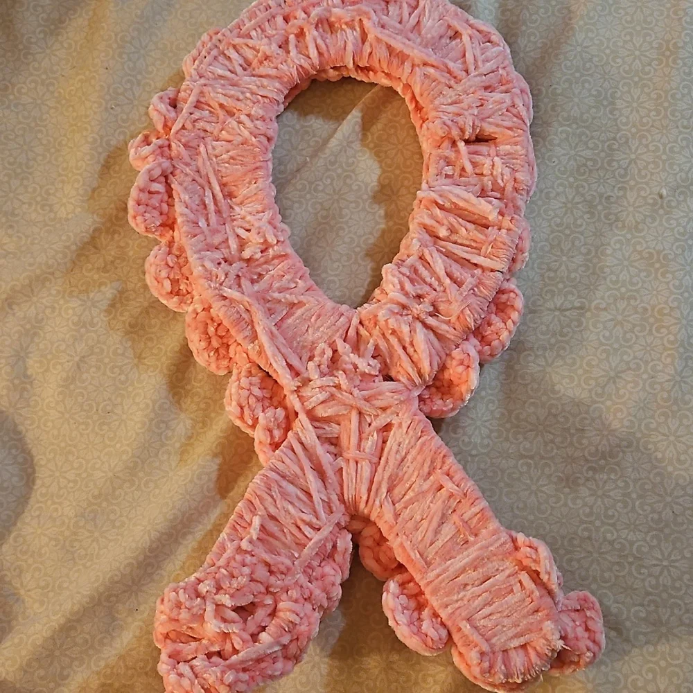 Handmade Crochet Breast Cancer Awareness Ribbon Memorial Tribute Art Door Wreath